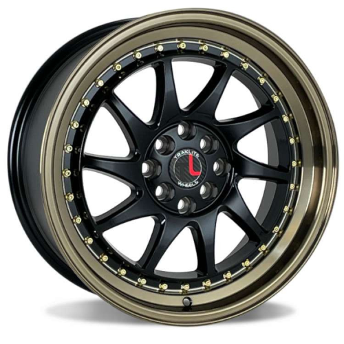 Traklite Wheels Turbo Gloss Black w/ Bronze Lip And Gold Rivets - Part Number TLTUR-982-202 Traklite Wheels Turbo Gloss Black w/ Bronze Lip And Gold Rivets Photo